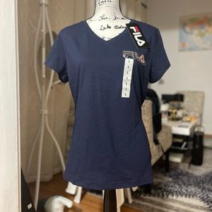 NWT Women’s Large Fila V-Neck Short Sleeve Tee In Navy With Metallic Logo Print
